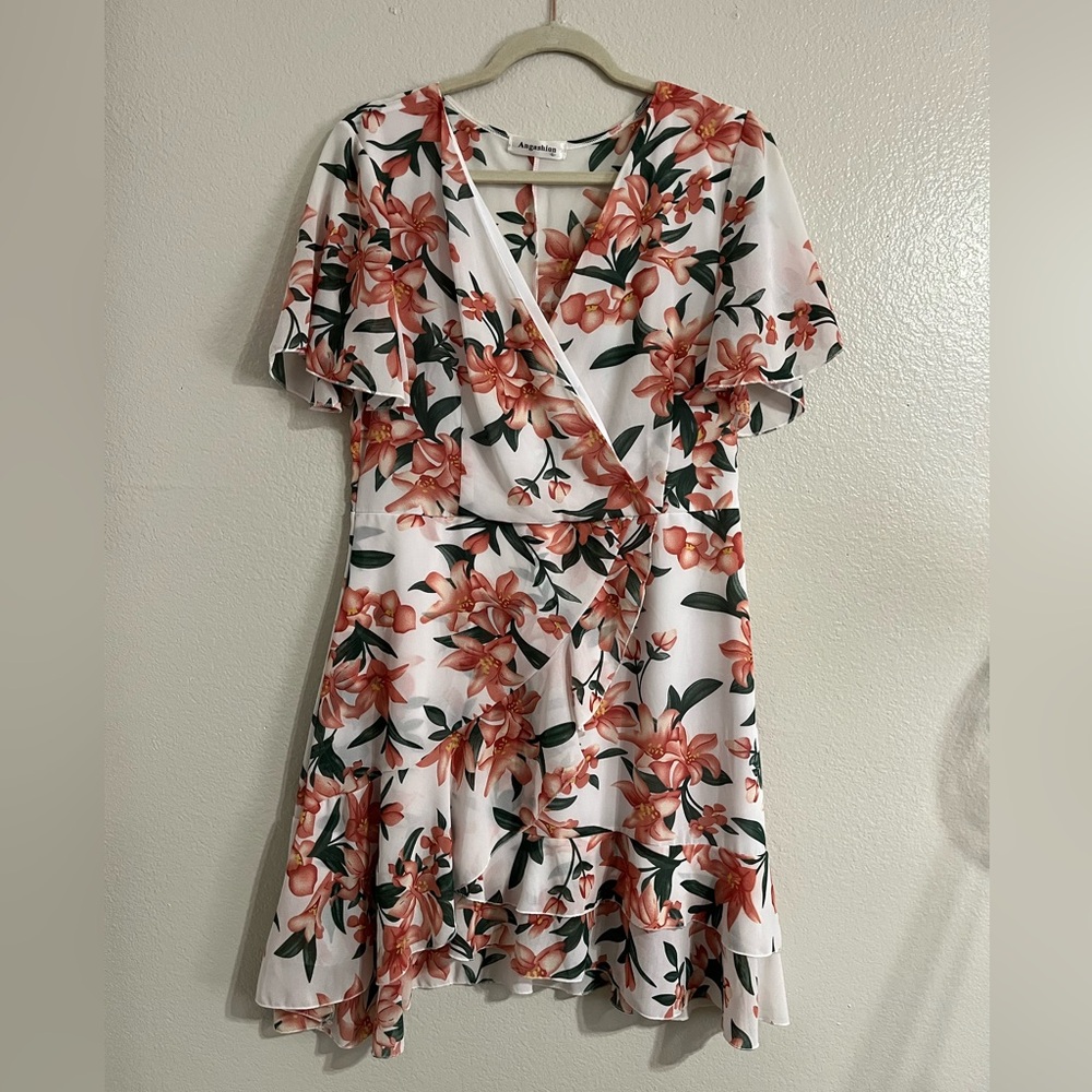 Elegant Floral High Low Dress in White with Pink Flowers with Green Leaves